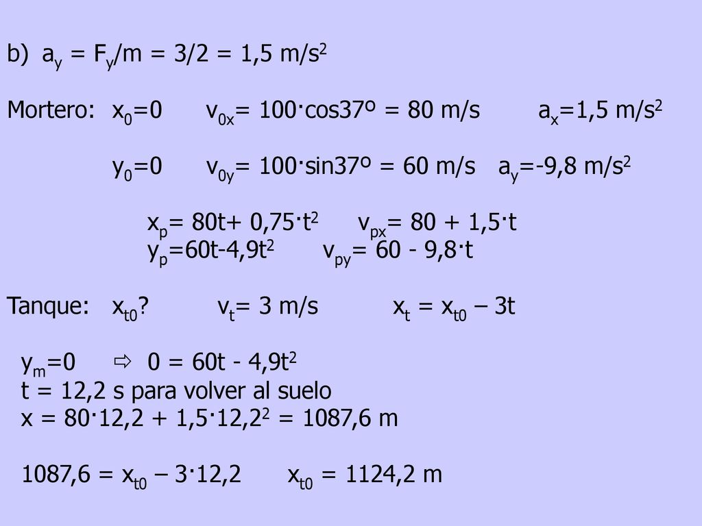 b) ay = Fy/m = 3/2 = 1,5 m/s2 Mortero: x0=0 v0x= 100·cos37º = 80 m/s ax=1,5 m/s2. y0=0 v0y= 100·sin37º = 60 m/s ay=-9,8 m/s2.