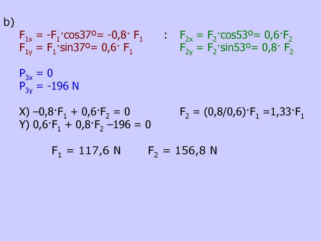 b) F1x = -F1·cos37º= -0,8· F1 : F2x = F2·cos53º= 0,6·F2 F1y = F1·sin37º= 0,6· F1 F2y = F2·sin53º= 0,8· F2.