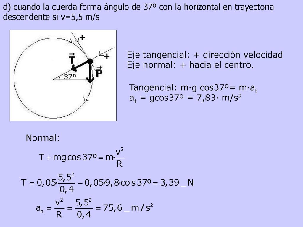 d) cuando la cuerda forma ángulo de 37º con la horizontal en trayectoria descendente si v=5,5 m/s