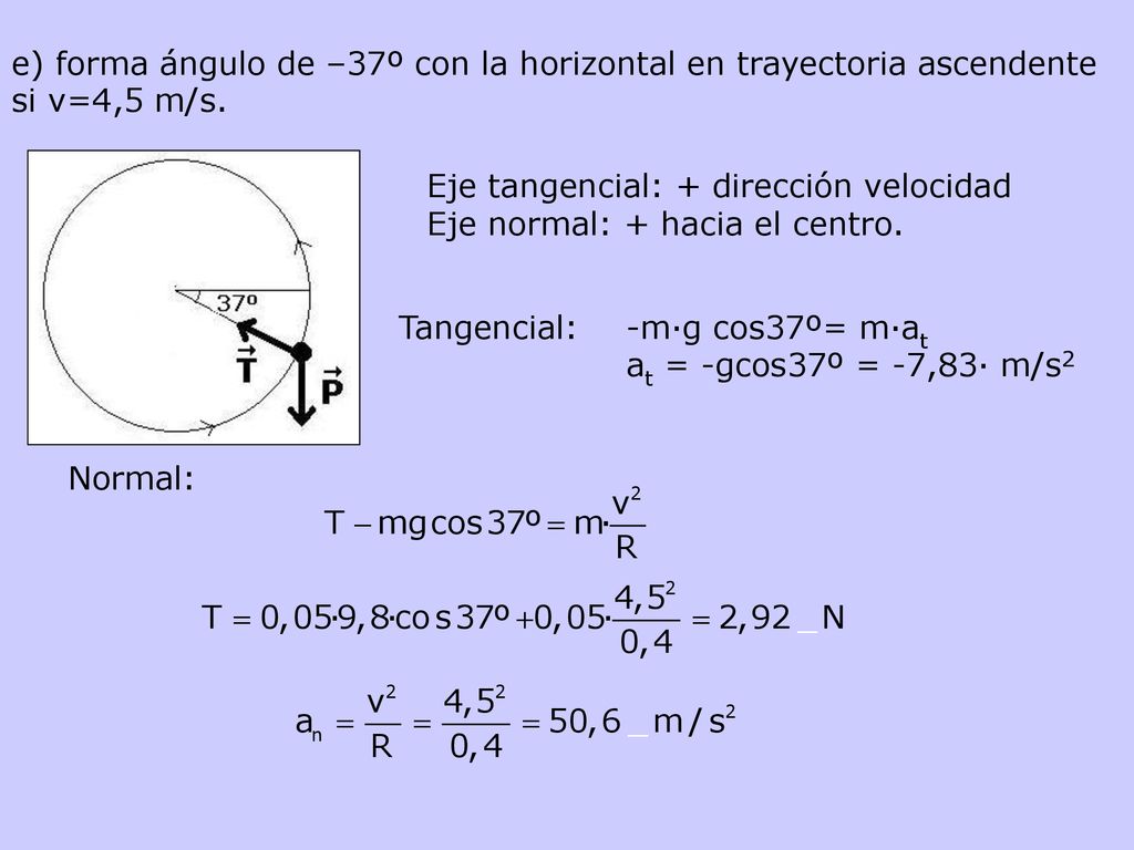 e) forma ángulo de –37º con la horizontal en trayectoria ascendente si v=4,5 m/s.