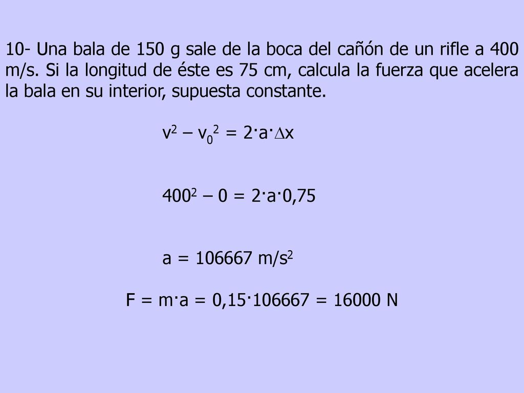 10- Una bala de 150 g sale de la boca del cañón de un rifle a 400 m/s