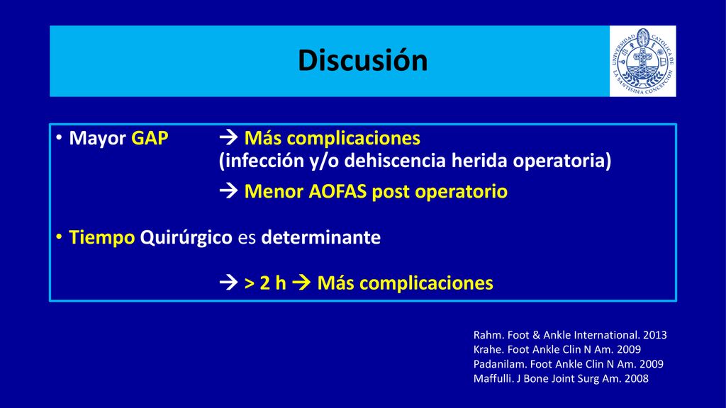 Discusión Mayor GAP  Más complicaciones (infección y/o dehiscencia herida operatoria)  Menor AOFAS post operatorio.