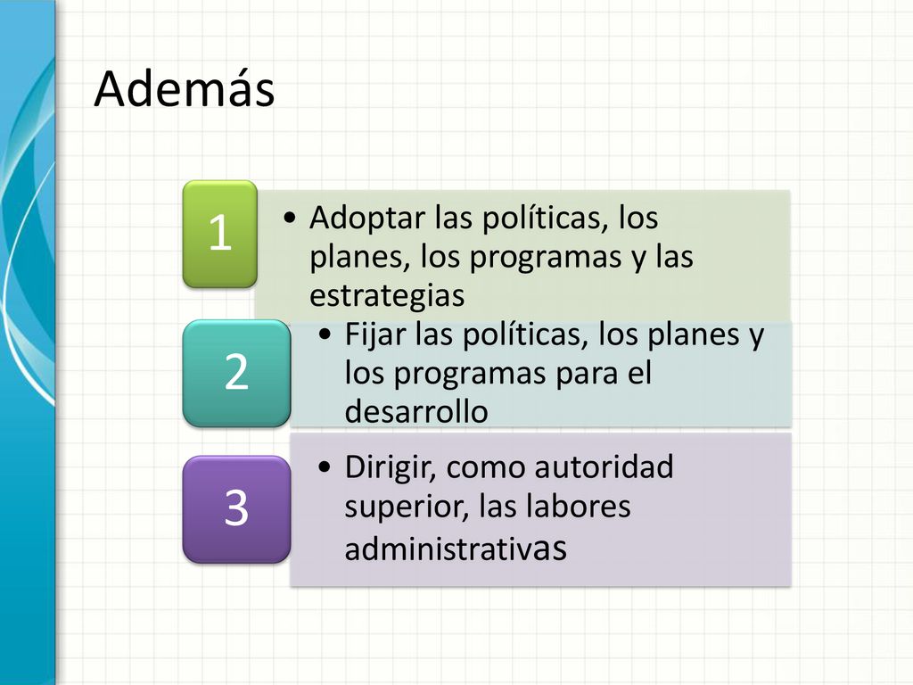 Además Adoptar las políticas, los planes, los programas y las estrategias. 1. Fijar las políticas, los planes y los programas para el desarrollo.