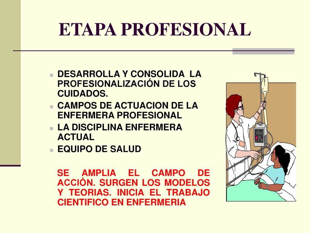 ETAPA PROFESIONAL DESARROLLA Y CONSOLIDA LA PROFESIONALIZACIÓN DE LOS CUIDADOS. CAMPOS DE ACTUACION DE LA ENFERMERA PROFESIONAL.