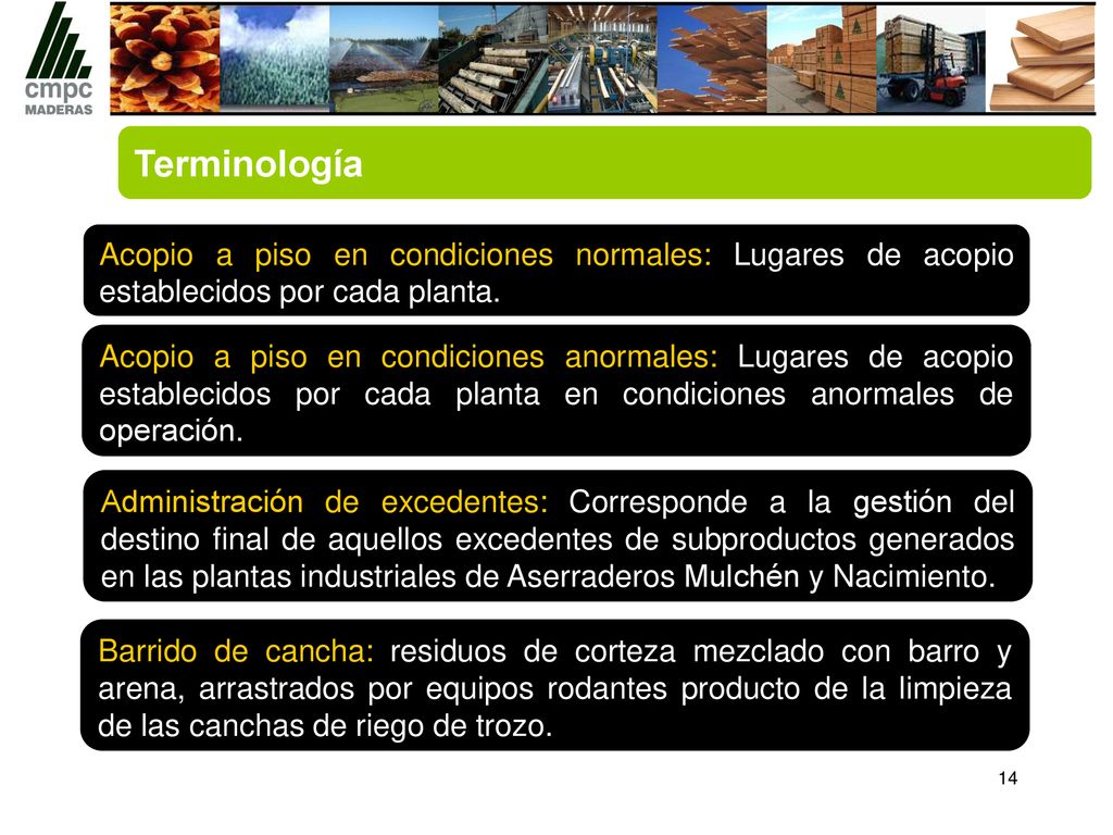 Terminología Acopio a piso en condiciones normales: Lugares de acopio establecidos por cada planta.