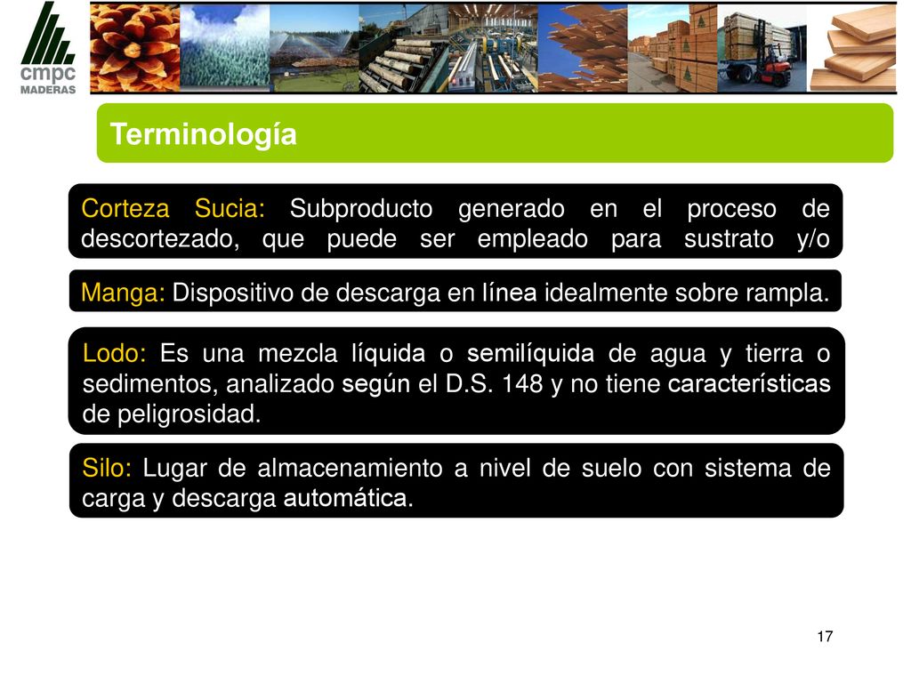 Terminología Corteza Sucia: Subproducto generado en el proceso de descortezado, que puede ser empleado para sustrato y/o biomasa.