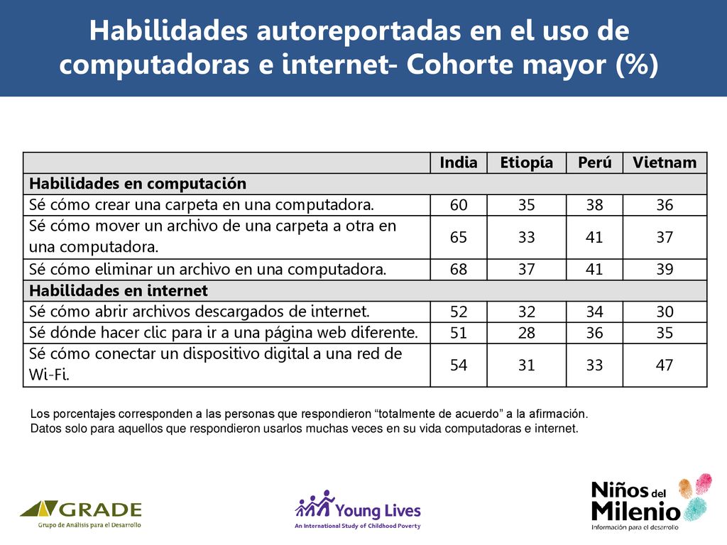 Habilidades autoreportadas en el uso de computadoras e internet- Cohorte mayor (%)