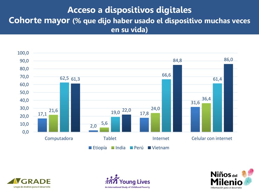 Acceso a dispositivos digitales Cohorte mayor (% que dijo haber usado el dispositivo muchas veces en su vida)
