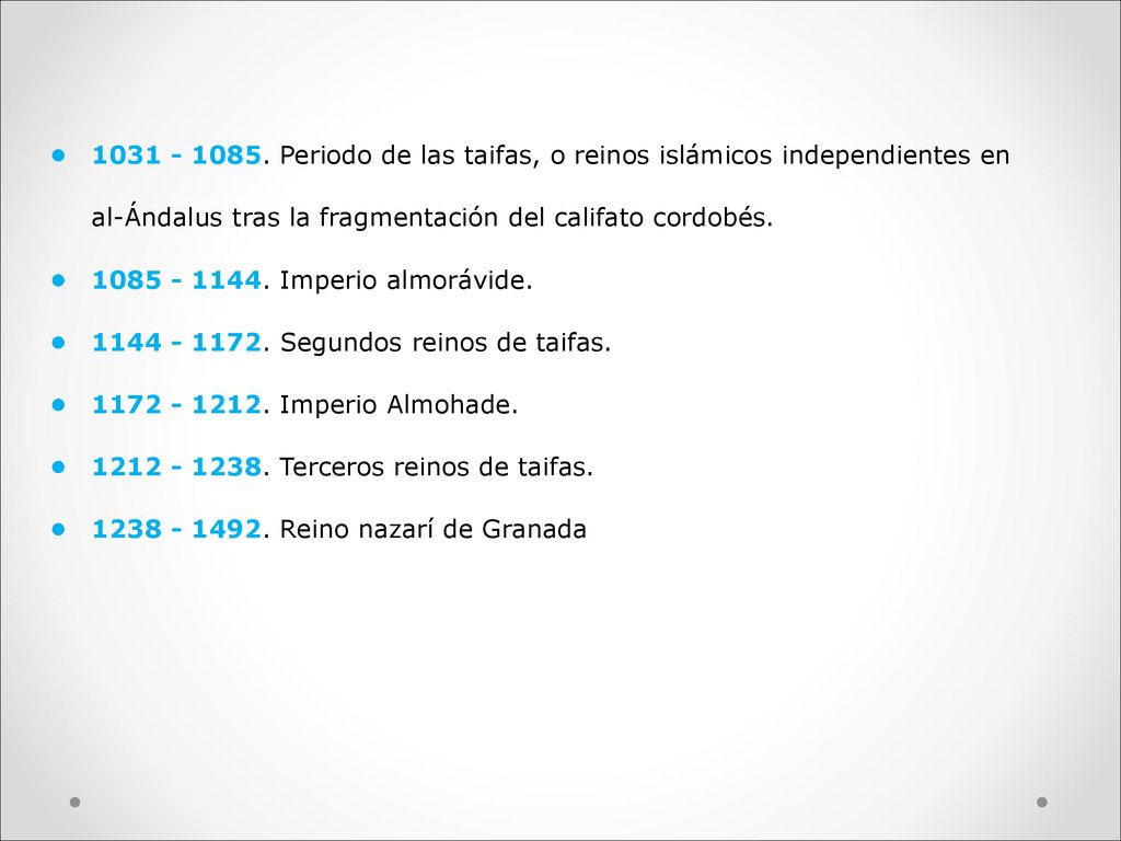 • Periodo de las taifas, o reinos islámicos independientes en al-Ándalus tras la fragmentación del califato cordobés.
