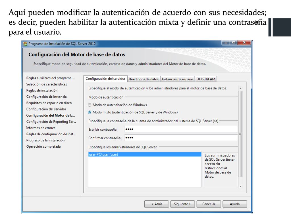 Aquí pueden modificar la autenticación de acuerdo con sus necesidades; es decir, pueden habilitar la autenticación mixta y definir una contraseña para el usuario.