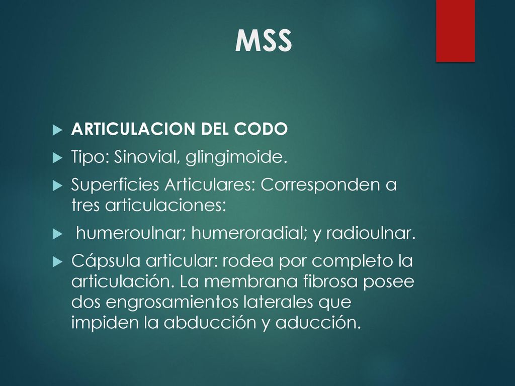 MSS ARTICULACION DEL CODO Tipo: Sinovial, glingimoide.