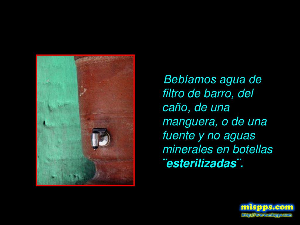 Bebíamos agua de filtro de barro, del caño, de una manguera, o de una fuente y no aguas minerales en botellas ¨esterilizadas¨.