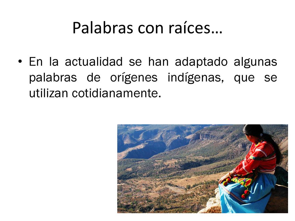 Palabras con raíces… En la actualidad se han adaptado algunas palabras de orígenes indígenas, que se utilizan cotidianamente.