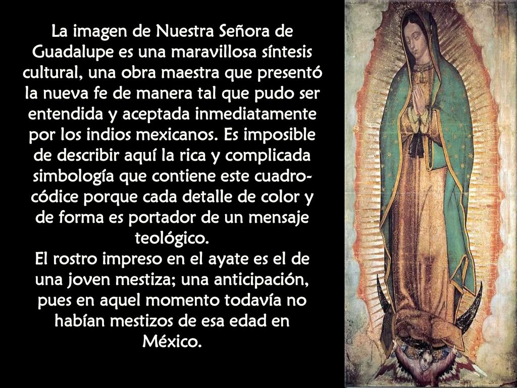 La imagen de Nuestra Señora de Guadalupe es una maravillosa síntesis cultural, una obra maestra que presentó la nueva fe de manera tal que pudo ser entendida y aceptada inmediatamente por los indios mexicanos. Es imposible de describir aquí la rica y complicada simbología que contiene este cuadro-códice porque cada detalle de color y de forma es portador de un mensaje teológico.