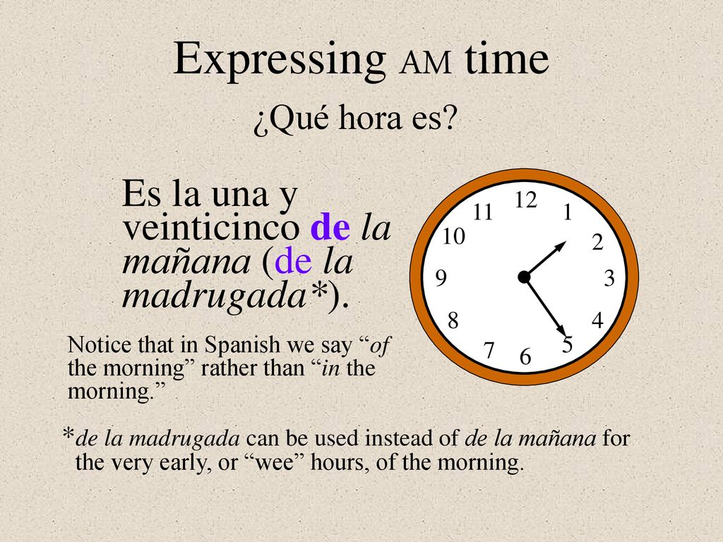 Expressing AM time ¿Qué hora es Es la una y veinticinco de la mañana (de la madrugada*).