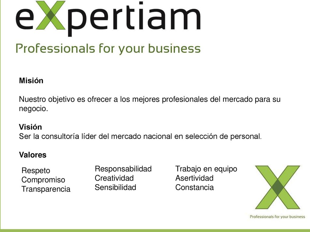 Misión Nuestro objetivo es ofrecer a los mejores profesionales del mercado para su negocio. Visión.