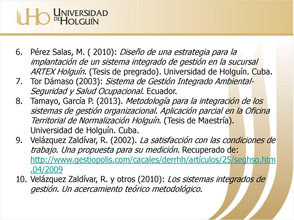 Pérez Salas, M. ( 2010): Diseño de una estrategia para la implantación de un sistema integrado de gestión en la sucursal ARTEX Holguín. (Tesis de pregrado). Universidad de Holguín. Cuba.