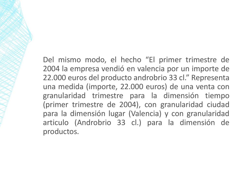 Del mismo modo, el hecho El primer trimestre de 2004 la empresa vendió en valencia por un importe de euros del producto androbrio 33 cl. Representa una medida (importe, euros) de una venta con granularidad trimestre para la dimensión tiempo (primer trimestre de 2004), con granularidad ciudad para la dimensión lugar (Valencia) y con granularidad articulo (Androbrio 33 cl.) para la dimensión de productos.
