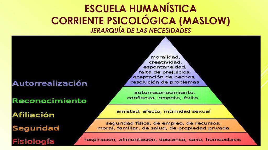 Escuela humanística Corriente psicológica (Maslow) Jerarquía de las necesidades