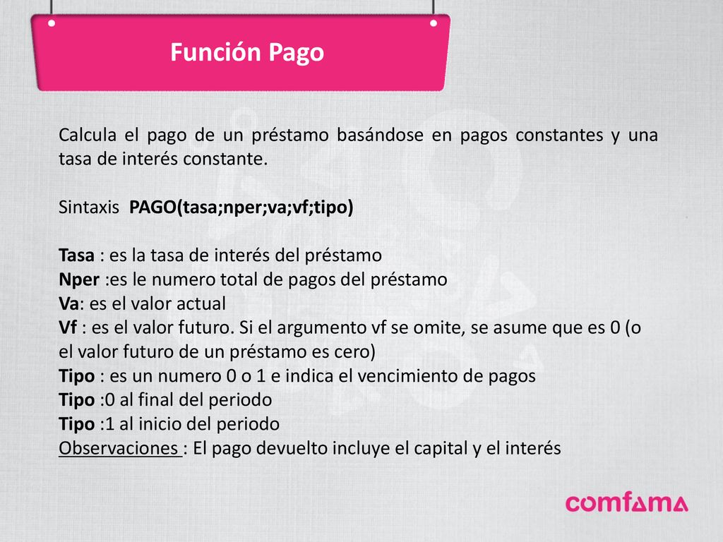 Función Pago Calcula el pago de un préstamo basándose en pagos constantes y una tasa de interés constante.
