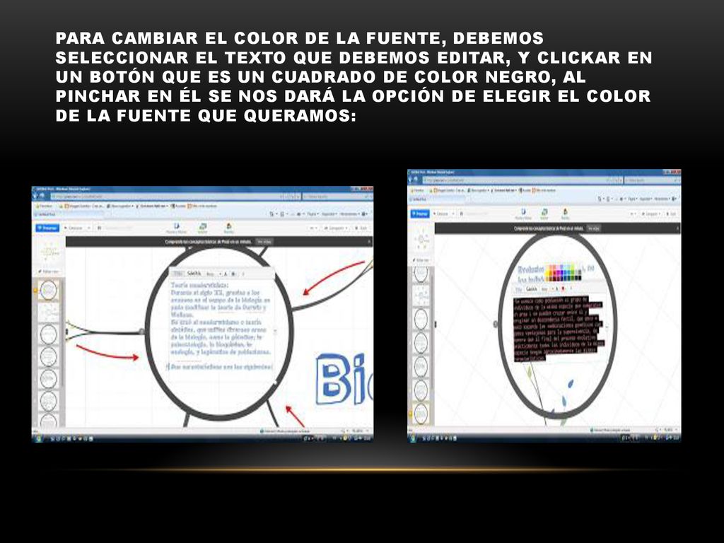 Para cambiar el color de la fuente, debemos seleccionar el texto que debemos editar, y clickar en un botón que es un cuadrado de color negro, al pinchar en él se nos dará la opción de elegir el color de la fuente que queramos: