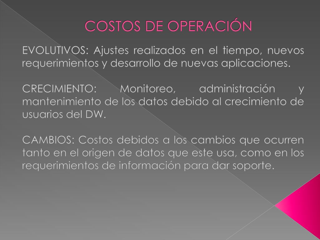 COSTOS DE OPERACIÓN EVOLUTIVOS: Ajustes realizados en el tiempo, nuevos requerimientos y desarrollo de nuevas aplicaciones.