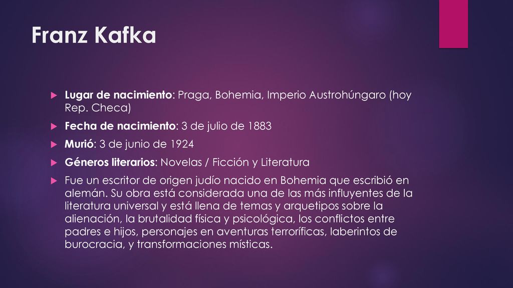 Franz Kafka Lugar de nacimiento: Praga, Bohemia, Imperio Austrohúngaro (hoy Rep. Checa) Fecha de nacimiento: 3 de julio de