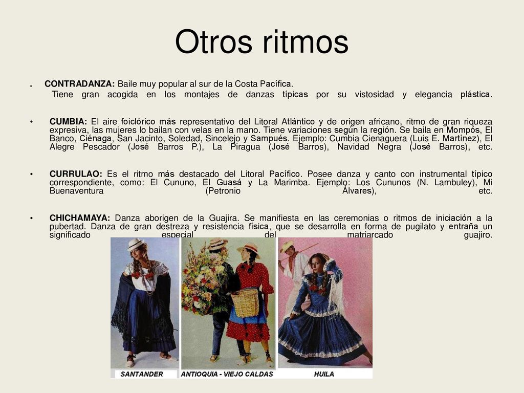 Otros ritmos . CONTRADANZA: Baile muy popular al sur de la Costa Pacífica.