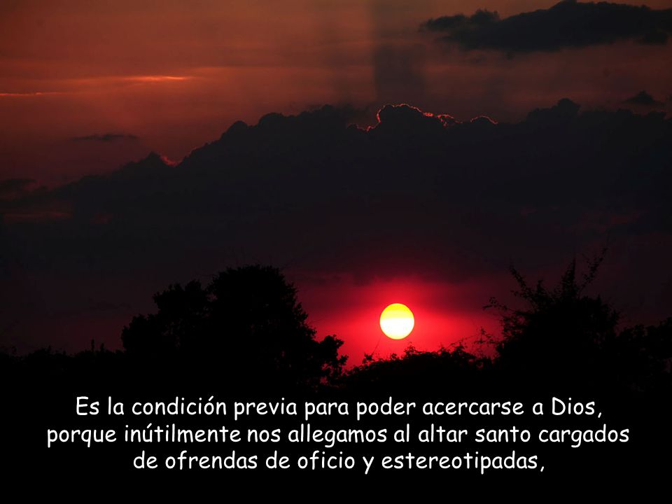 Es la condición previa para poder acercarse a Dios, porque inútilmente nos allegamos al altar santo cargados de ofrendas de oficio y estereotipadas,