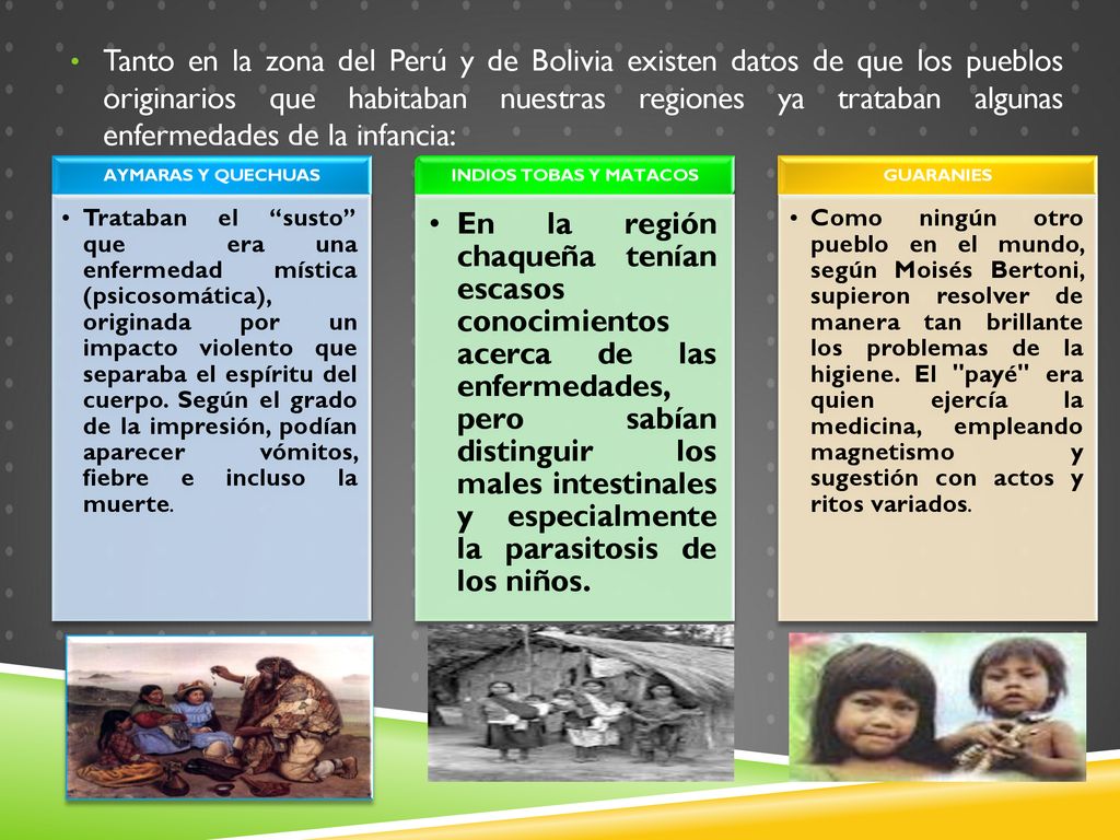 Tanto en la zona del Perú y de Bolivia existen datos de que los pueblos originarios que habitaban nuestras regiones ya trataban algunas enfermedades de la infancia:
