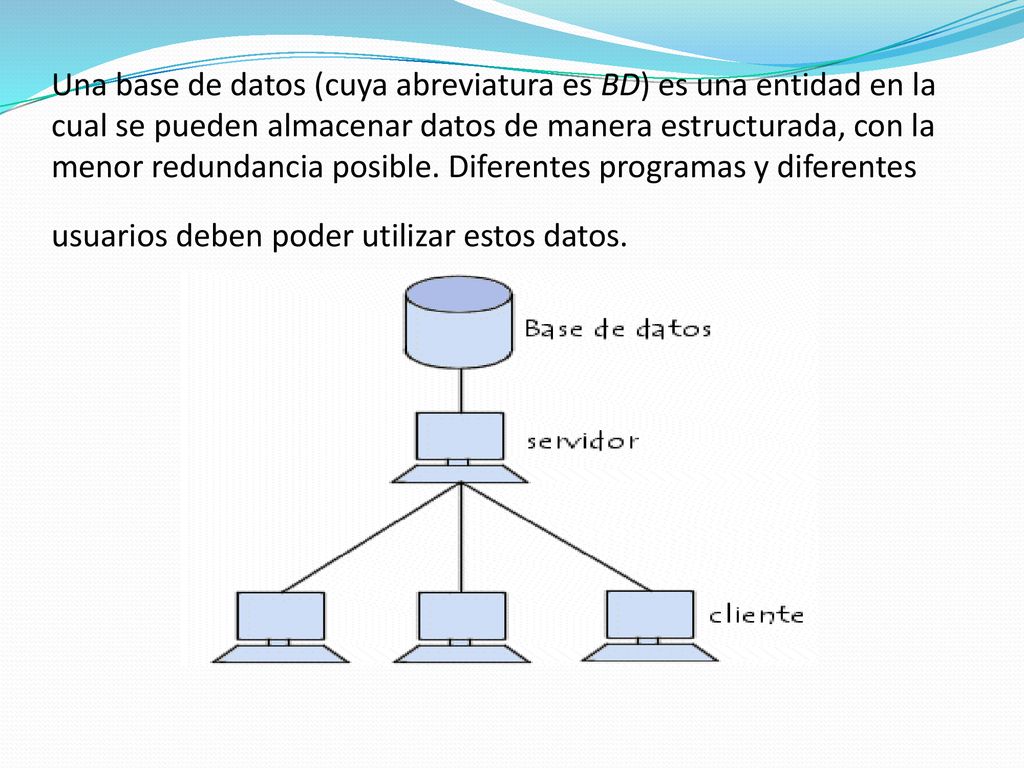 Una base de datos (cuya abreviatura es BD) es una entidad en la cual se pueden almacenar datos de manera estructurada, con la menor redundancia posible.