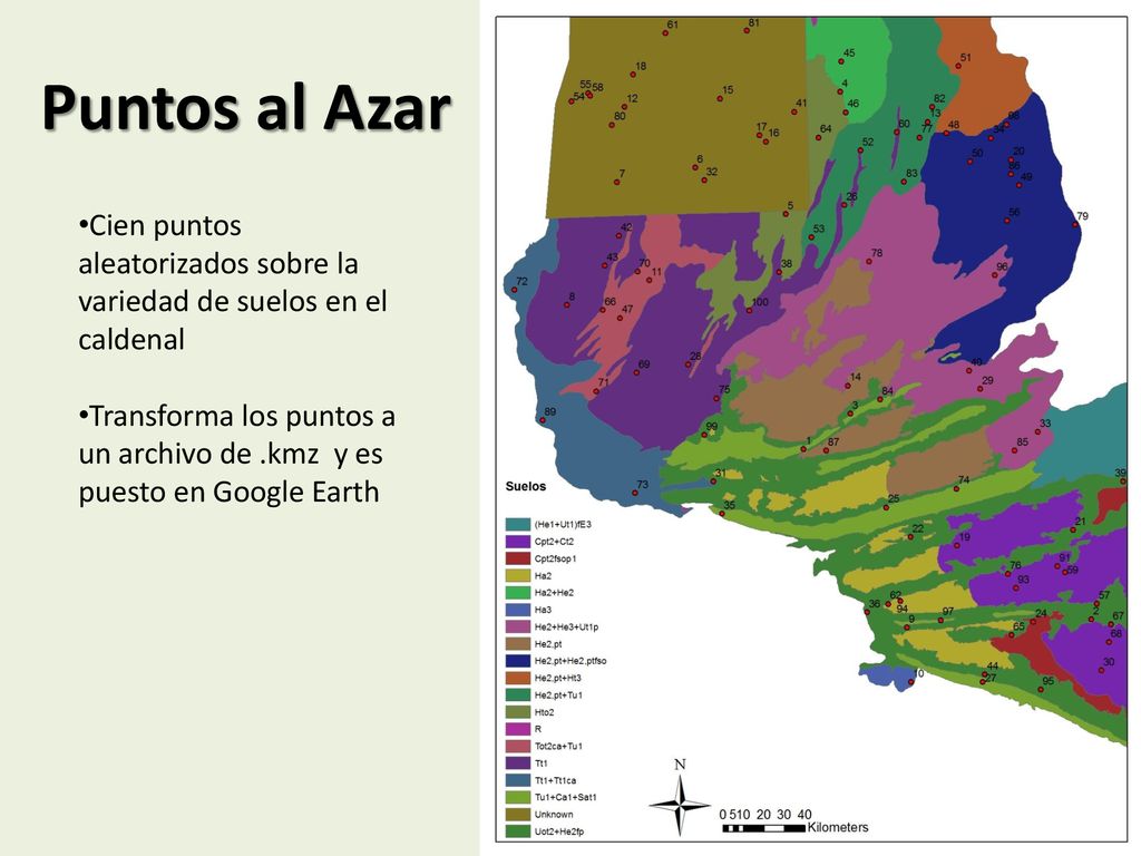Puntos al Azar Cien puntos aleatorizados sobre la variedad de suelos en el caldenal.