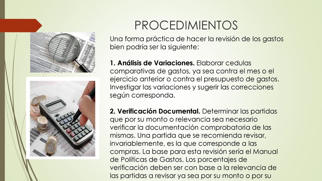 PROCEDIMIENTOS Una forma práctica de hacer la revisión de los gastos bien podría ser la siguiente: