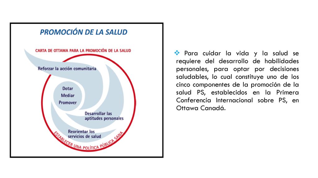 Para cuidar la vida y la salud se requiere del desarrollo de habilidades personales, para optar por decisiones saludables, lo cual constituye uno de los cinco componentes de la promoción de la salud PS, establecidos en la Primera Conferencia Internacional sobre PS, en Ottawa Canadá.