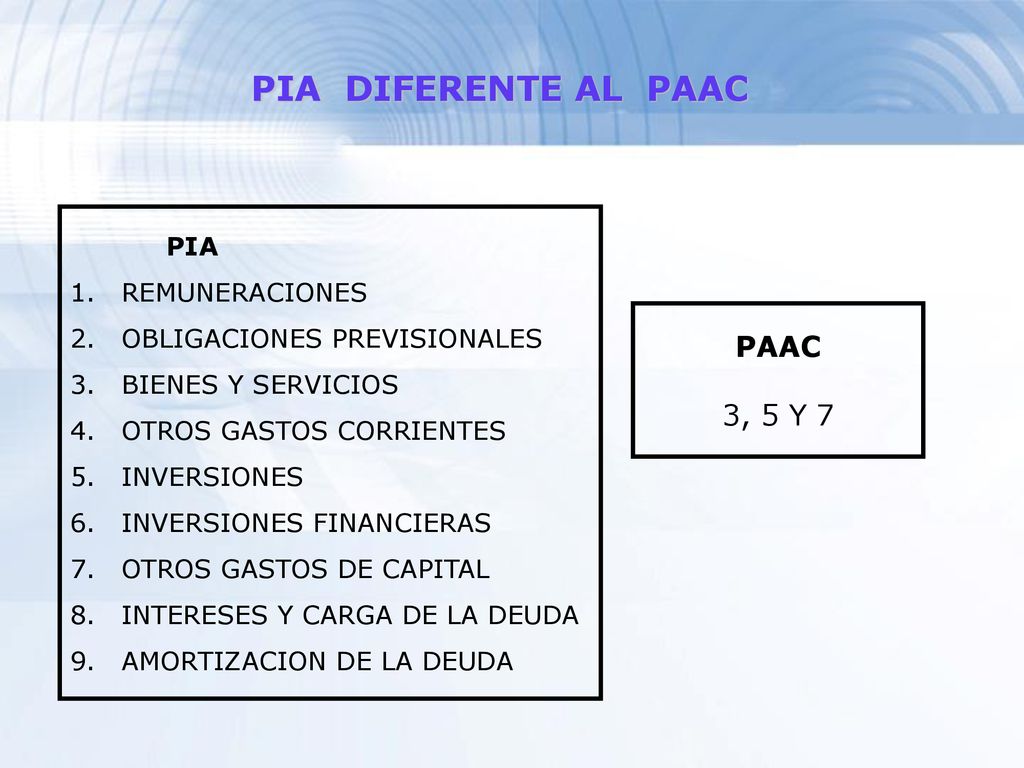 PIA DIFERENTE AL PAAC PAAC 3, 5 Y 7 PIA REMUNERACIONES