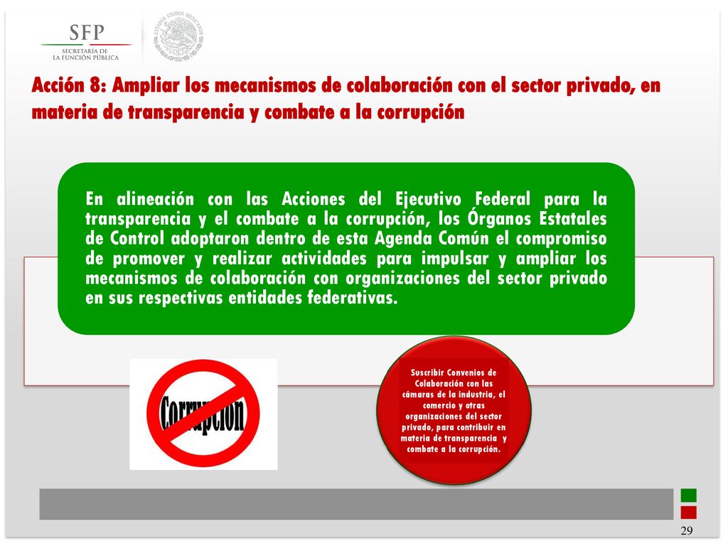 Acción 8: Ampliar los mecanismos de colaboración con el sector privado, en materia de transparencia y combate a la corrupción