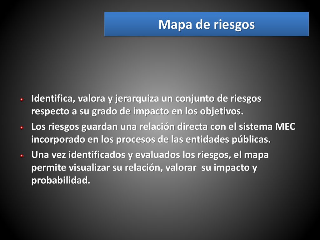 Mapa de riesgos Identifica, valora y jerarquiza un conjunto de riesgos respecto a su grado de impacto en los objetivos.