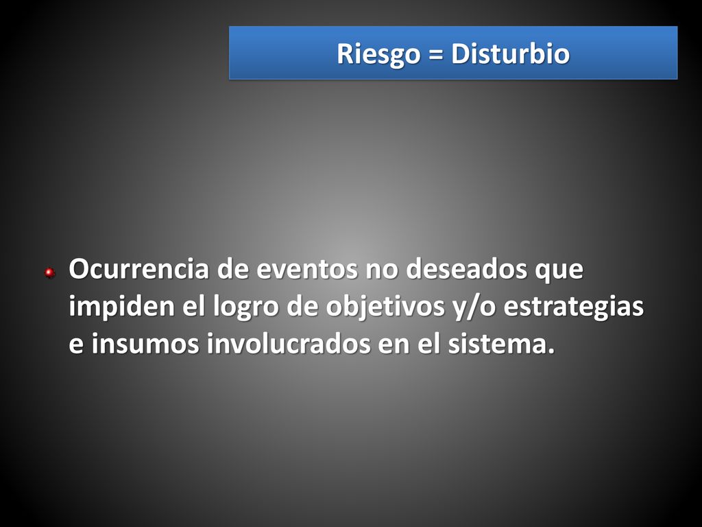 Riesgo = Disturbio Ocurrencia de eventos no deseados que impiden el logro de objetivos y/o estrategias e insumos involucrados en el sistema.