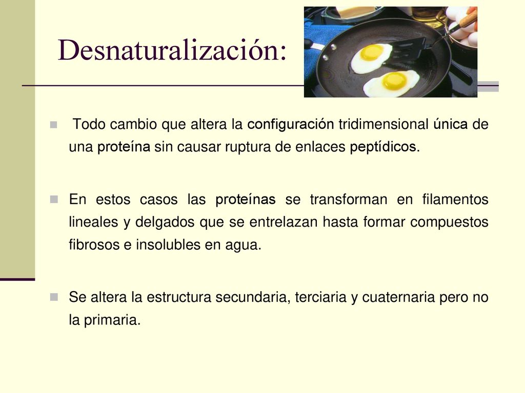 Desnaturalización: Todo cambio que altera la configuración tridimensional única de una proteína sin causar ruptura de enlaces peptídicos.