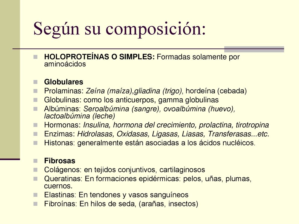 Según su composición: HOLOPROTEÍNAS O SIMPLES: Formadas solamente por aminoácidos. Globulares.