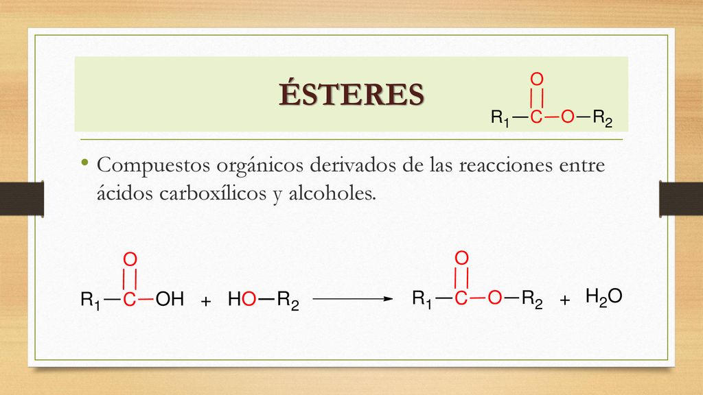 ÉSTERES Compuestos orgánicos derivados de las reacciones entre ácidos carboxílicos y alcoholes.