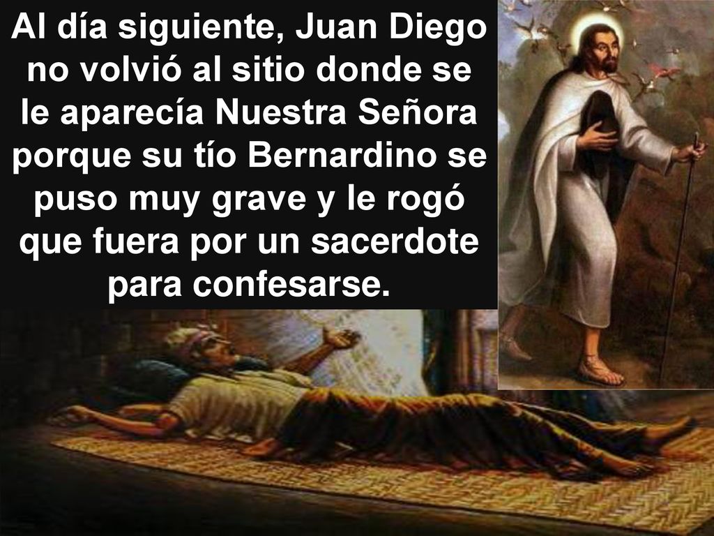 Al día siguiente, Juan Diego no volvió al sitio donde se le aparecía Nuestra Señora porque su tío Bernardino se puso muy grave y le rogó que fuera por un sacerdote para confesarse.