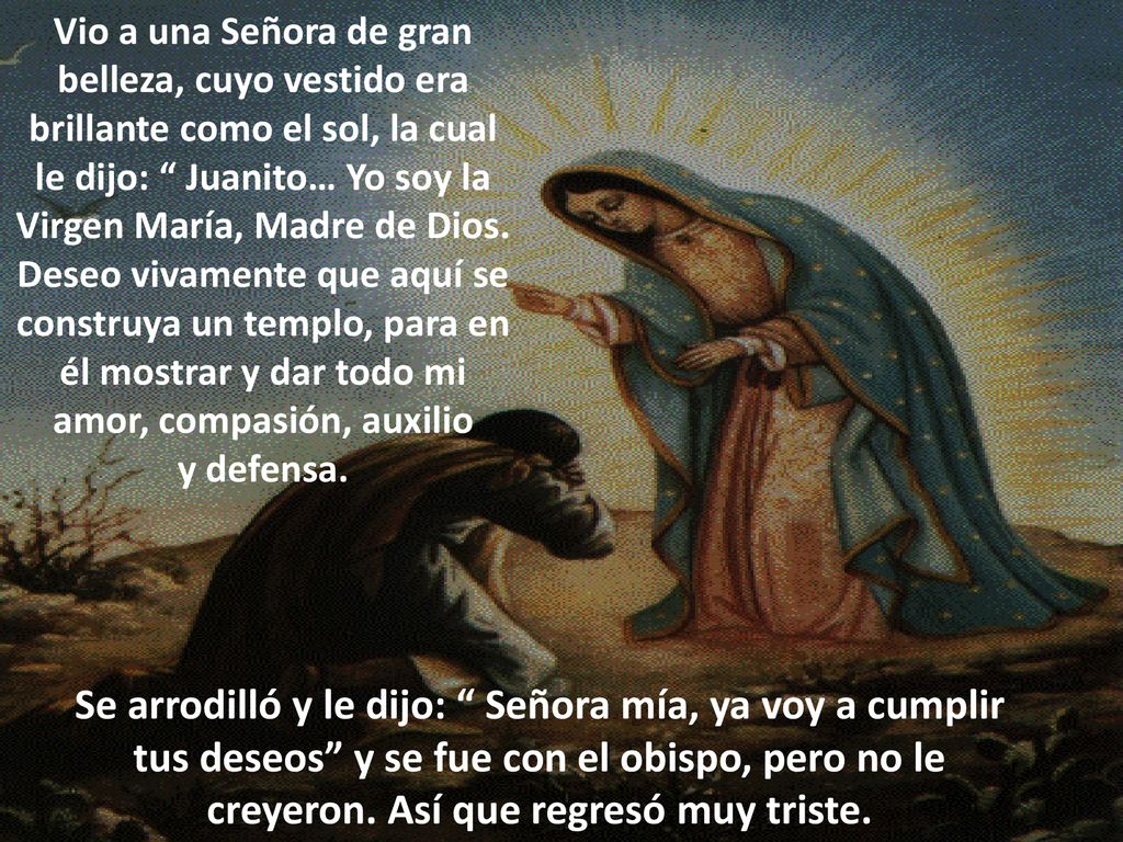 Vio a una Señora de gran belleza, cuyo vestido era brillante como el sol, la cual le dijo: Juanito… Yo soy la Virgen María, Madre de Dios. Deseo vivamente que aquí se construya un templo, para en él mostrar y dar todo mi amor, compasión, auxilio