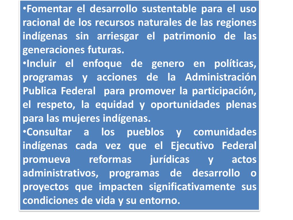 Fomentar el desarrollo sustentable para el uso racional de los recursos naturales de las regiones indígenas sin arriesgar el patrimonio de las generaciones futuras.