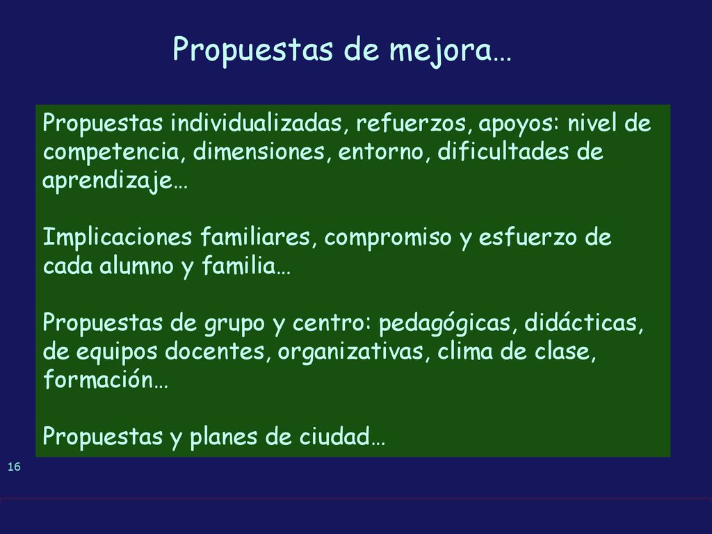 Propuestas de mejora… Propuestas individualizadas, refuerzos, apoyos: nivel de competencia, dimensiones, entorno, dificultades de aprendizaje…