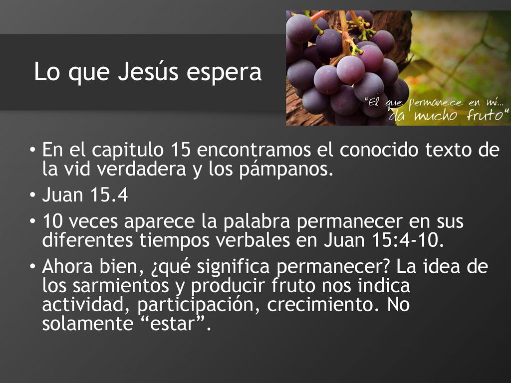 Lo que Jesús espera En el capitulo 15 encontramos el conocido texto de la vid verdadera y los pámpanos.