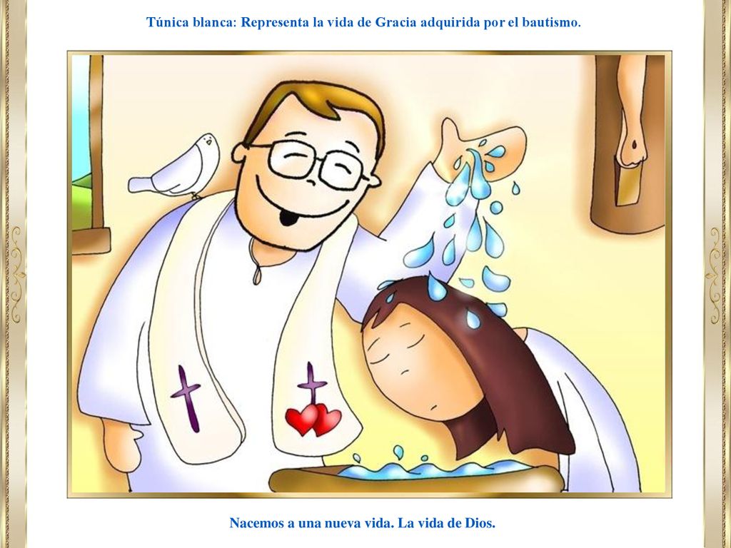 Túnica blanca: Representa la vida de Gracia adquirida por el bautismo.