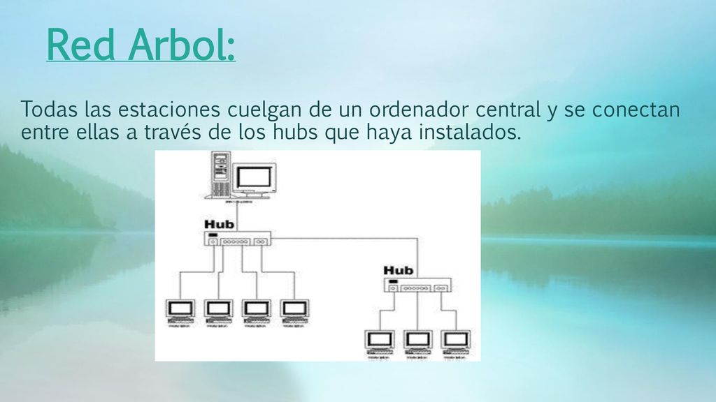 Red Arbol: Todas las estaciones cuelgan de un ordenador central y se conectan entre ellas a través de los hubs que haya instalados.