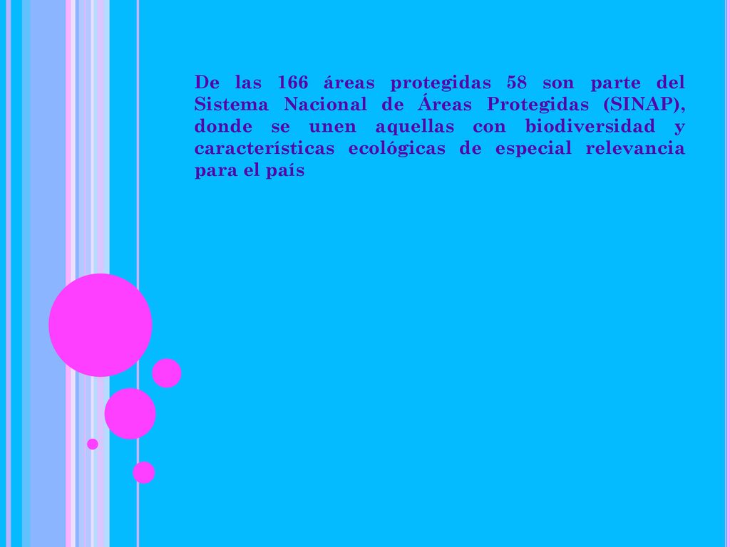De las 166 áreas protegidas 58 son parte del Sistema Nacional de Áreas Protegidas (SINAP), donde se unen aquellas con biodiversidad y características ecológicas de especial relevancia para el país
