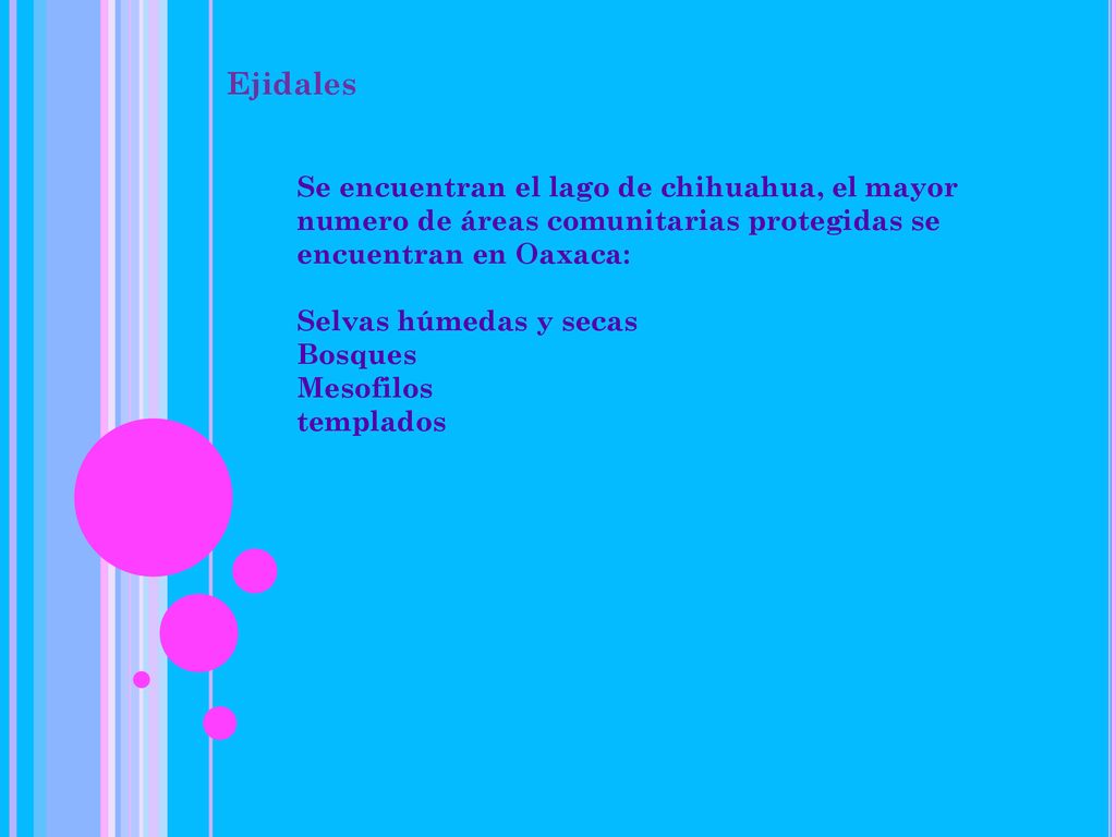 Ejidales Se encuentran el lago de chihuahua, el mayor numero de áreas comunitarias protegidas se encuentran en Oaxaca: